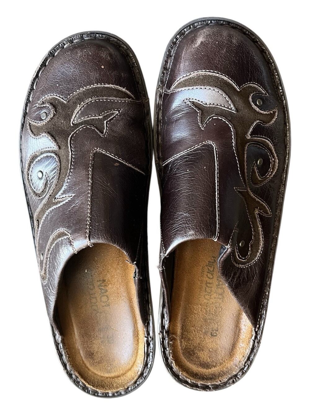NAOT Shoes Womens 39 Mule Clogs Brown Leather Studded Round Toe Heeled Western